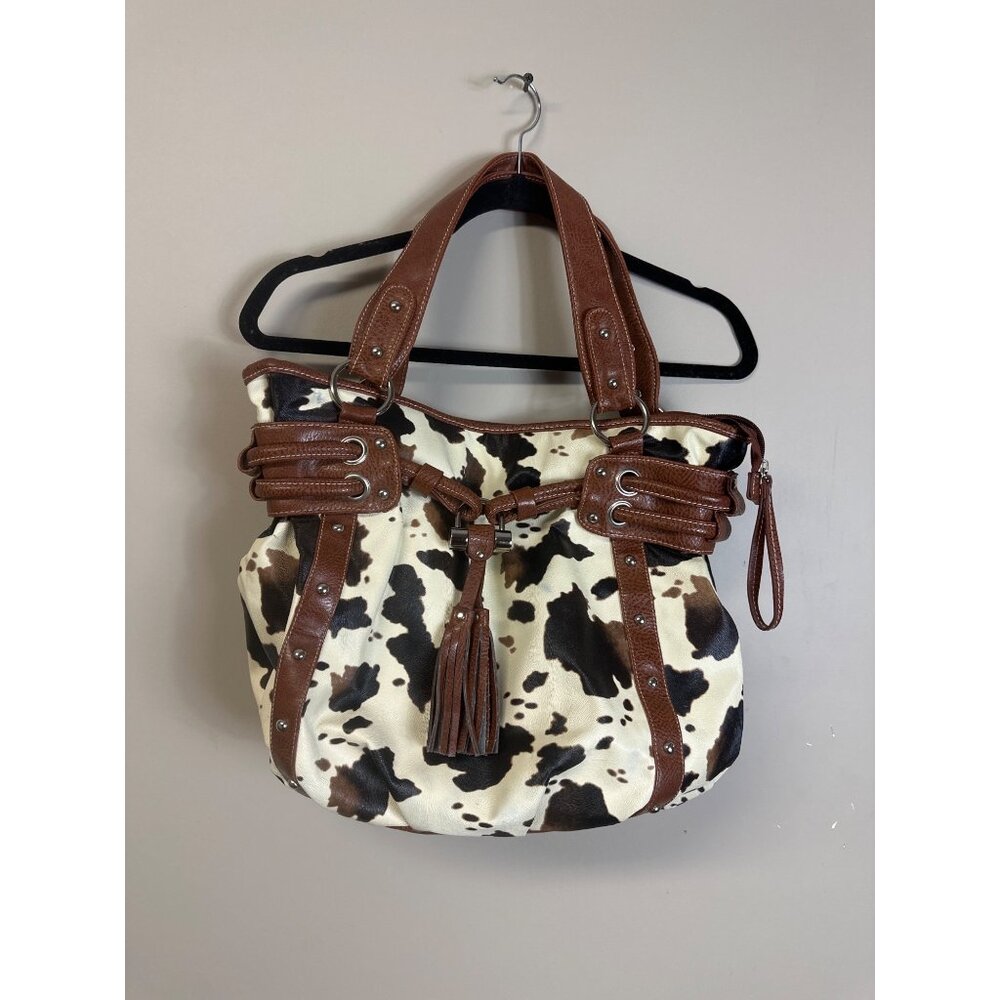 cow purse no name fashion tote hand bag brown leather handles tassel detail see